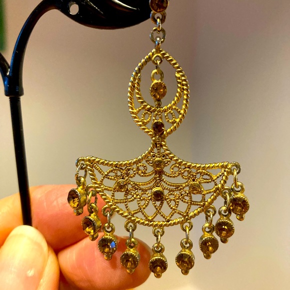Earrings.  Indian chandelier style.  Brownish stones. Post back. - Picture 1 of 4